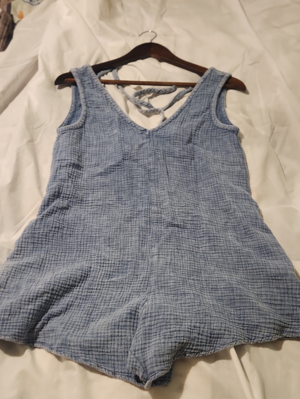 Light Blue Textured V-Neck Sleeveless Overall